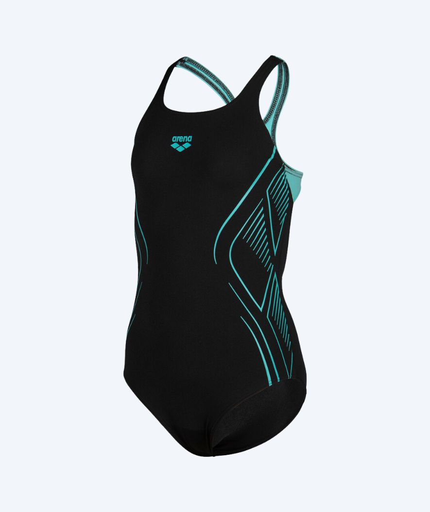 Arena baddräkt för flickor - Reflecting Swim Pro Back - Svart/ljusblå