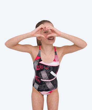 Speedo baddräkt för flickor - Junglespeak Allover Tieback - Svart/Röd/Ljusrosa